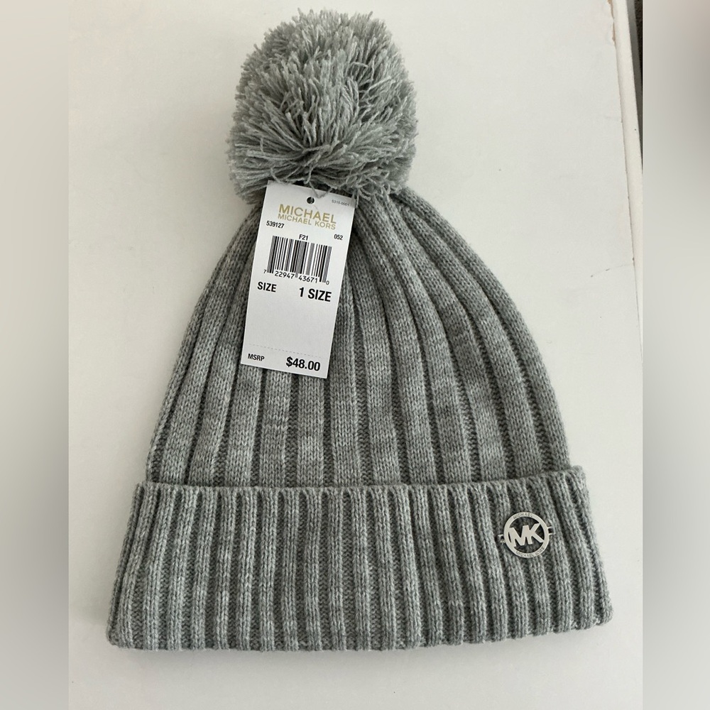 Michael Kors Gray Ribbed Knit Pom-Pom Hat
